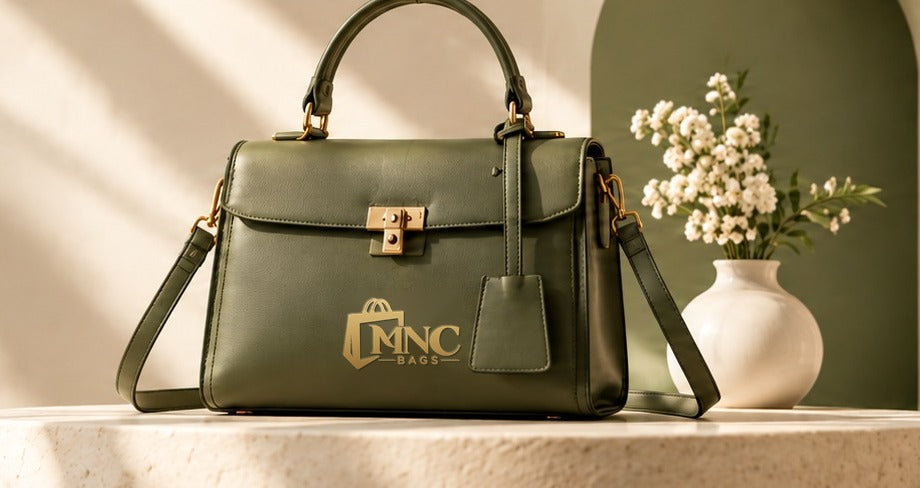 Olive green MNC Bags top handle bag on a stone pedestal