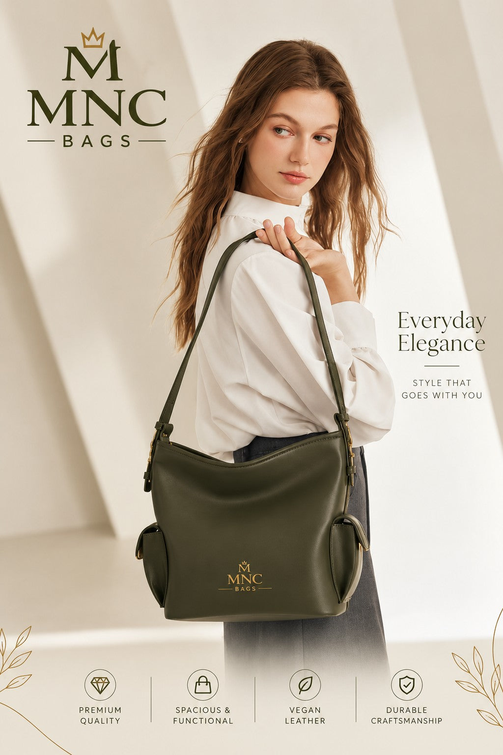 Woman carrying an olive green MNC Bags shoulder bag