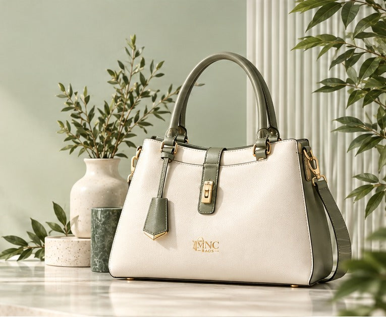 Cream and sage green MNC Bags handbag on a marble shelf