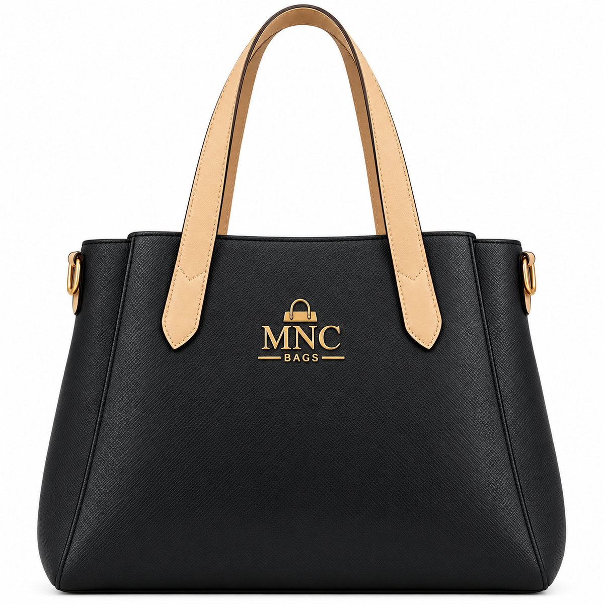 MNC Bags Black Saffiano Faux Leather Tote Handbag with Tan Handles