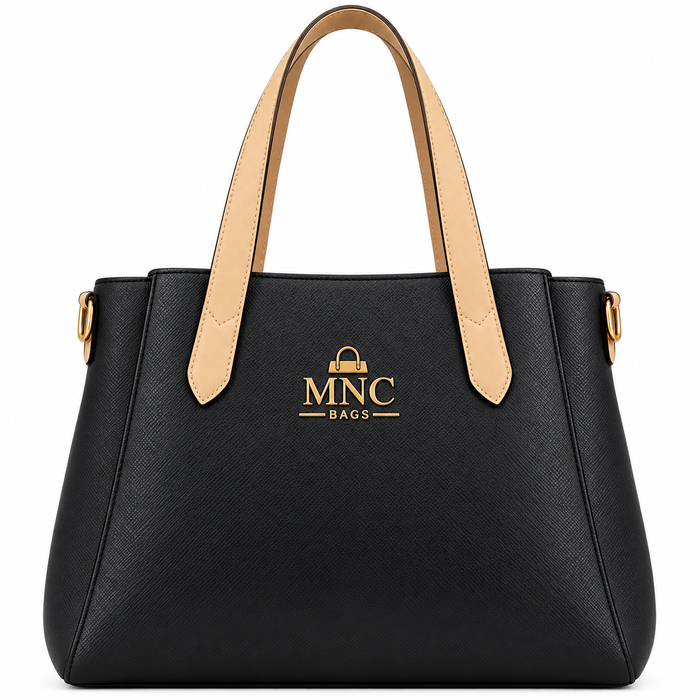MNC Bags Black Saffiano Faux Leather Tote Handbag with Tan Handles