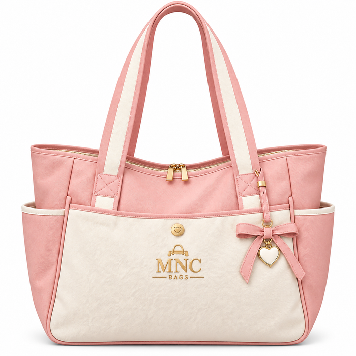 MNC Bags Blush Pink & Cream Zip Tote Bag with Bow Charm