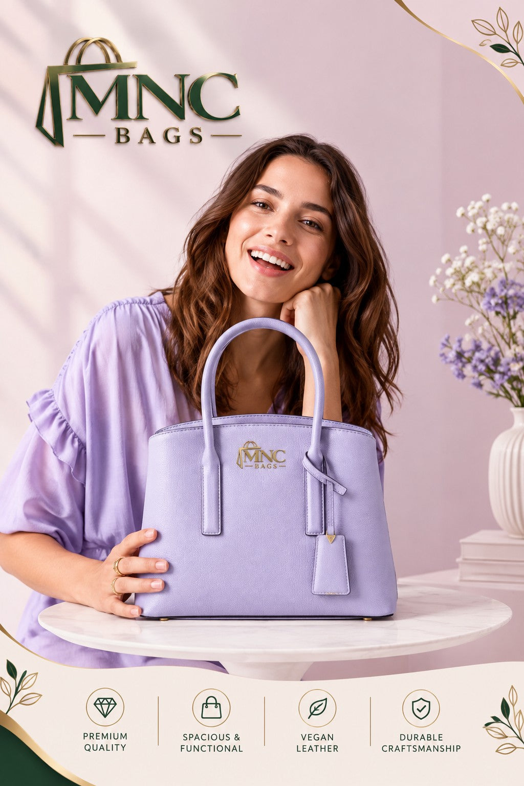 Woman holding a lavender MNC Bags handbag