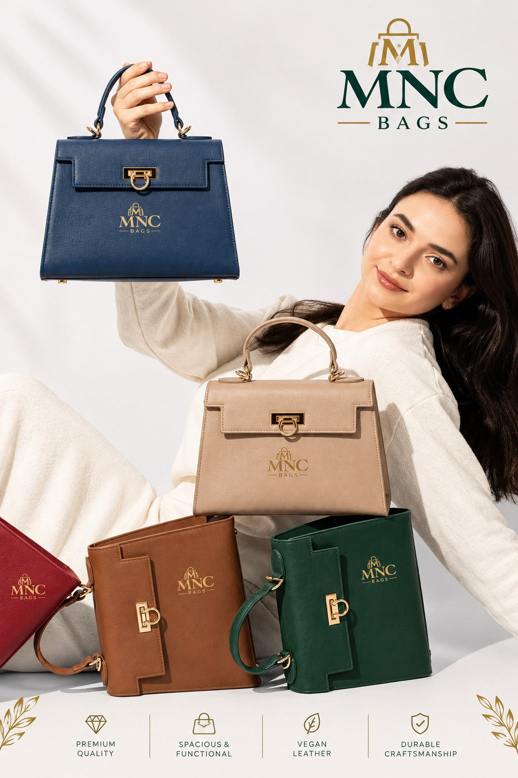 Woman with MNC Bags top handle bags in several colors